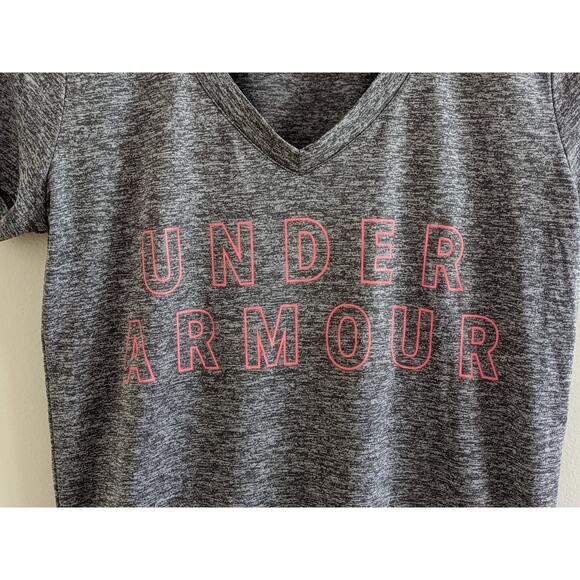 Under Armour Sz XS Loose Fit Gray V Neck Short Sleeve Tee Heatgear Pink Logo - Picture 2 of 4